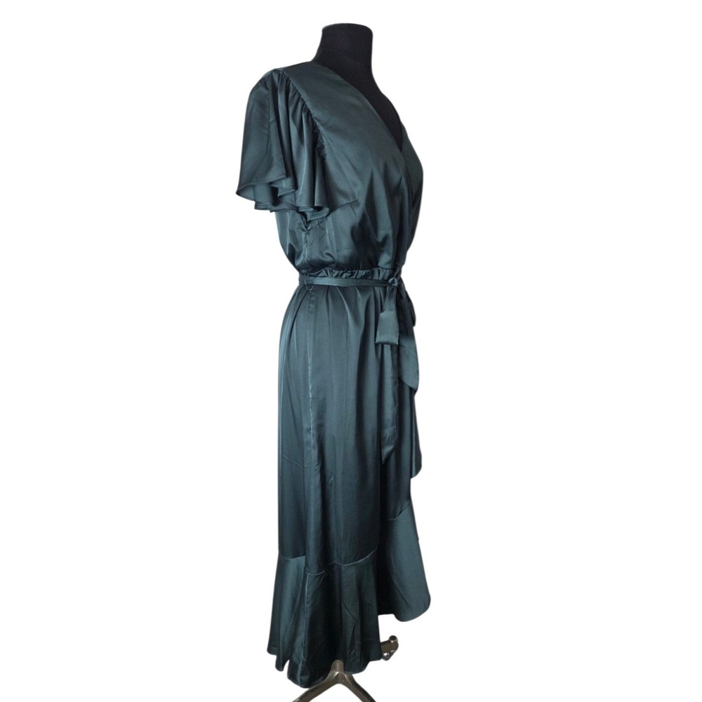 Nicole Miller Emerald Green Satin Wrap Dress Ruffled Hem Flutter Sleeve Size M/L - Picture 4 of 8